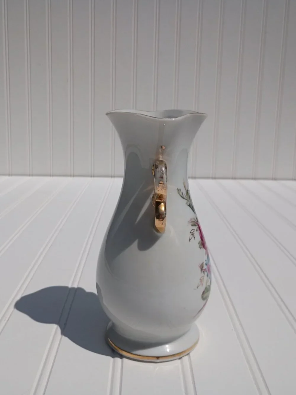 Vintage Japanese Porcelain Vase Pink Rose Floral Gold Trim Scroll Handles 7.25